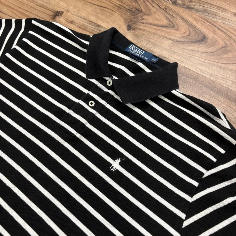 Vintage Y2K Polo Ralph Lauren Polo Mens XL Black Striped 90s Cotton Shirt Tee